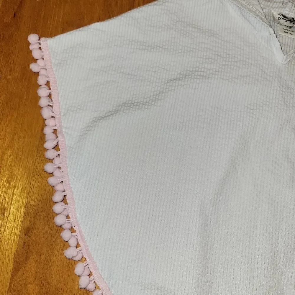 NWOT Boutique Monogramable White Seersucker Pink Pom Poms Poncho/Cover Up 18M